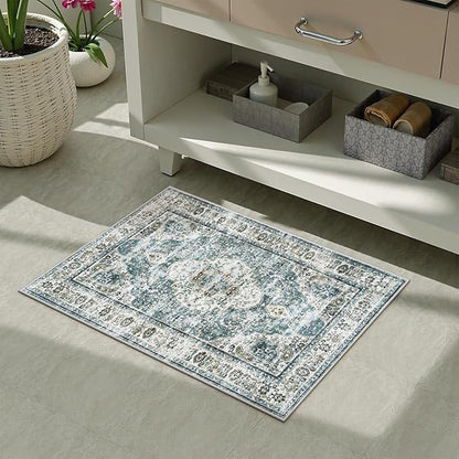 Uphome Boho Bathroom Rugs, Distressed Farmhouse Blue Bath Mat, Comfy Velvet Small Bath Rugs Non Slip Washable, Vintage Oriental Toilet Rug for Sink Shower Vanity, 20x32 inch