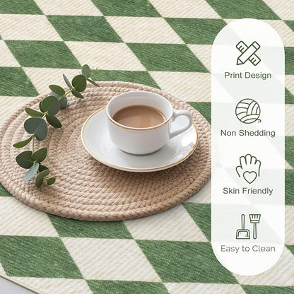 LIVEBOX 5x7 Checkered Rugs for Living Room, Washable Diamond Green Rug Non-Slip Modern Neutral Geometric Plaid Area Rugs for Bedroom, Low Pile Farmhouse Carpet for Office Kids Room Classroom Dorm