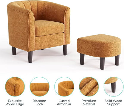 LINSY Accent Chair with Ottoman, Chenille Barrel Chair with Footstool, Modern Upholstered Armchair for Living Room Bedroom Waiting Room Office, Orange