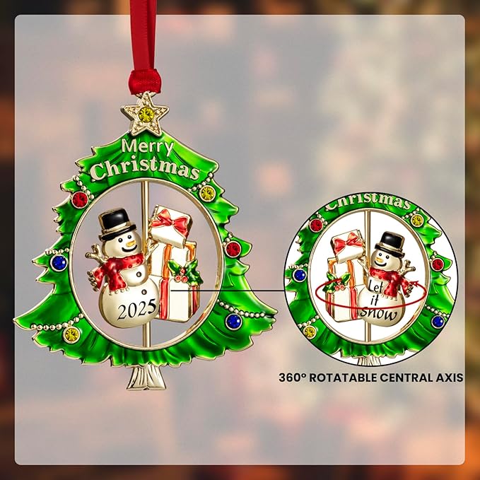 Christmas Tree Ornament Metal Silver Hanging Rotatable Design Charm Holiday Decorative Pendant Gift Keepsake (Golden Snowman 2025)