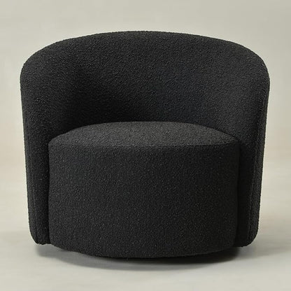 KINWELL 34" Boucle Swivel Barrel Chair with 18" Round Ottoman Set, Fully Assembled Set of Sherpa Accent Chair and Footrest, Modern Comfy Armchair and Footstool for Living Room and Bedroom, Black