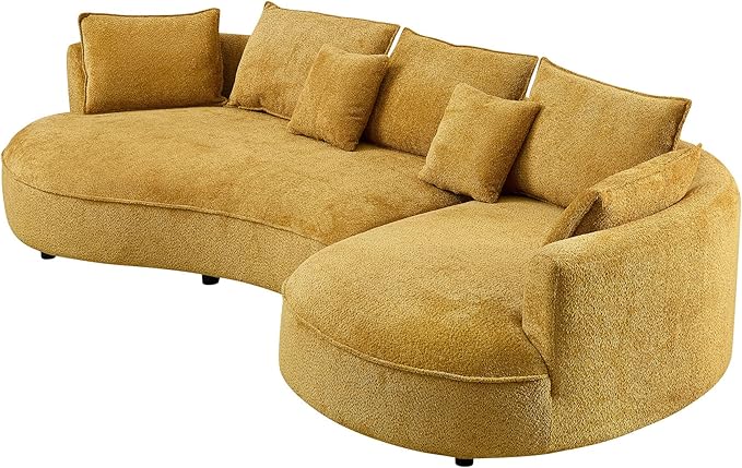 125'' Modern Curved Cloud Sofa Luxury Living Room 5 Seater Combo Sofa Cloud Curve Design Mid Century Upholstered Sofa with Ottoman for Living Room Bedroom Apartment (Boucle, Yellow)
