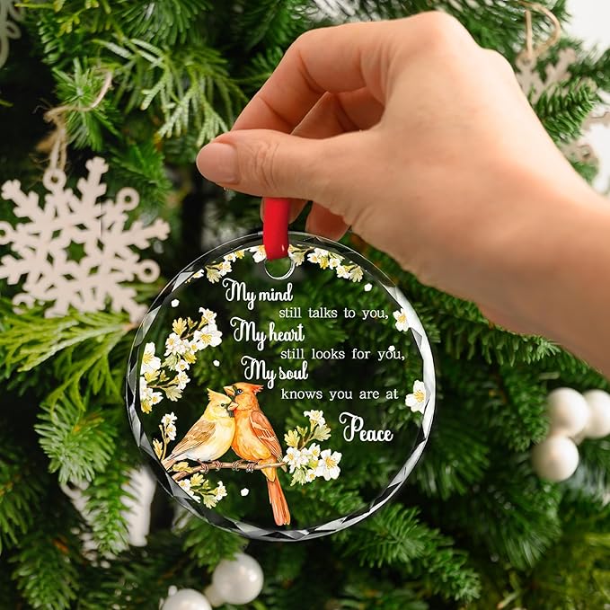 Cardinal Memorial Glass Ornament - “My Mind Still Talks to You” Glass Ornament Keepsake for Loss of Loved One - Remembrance Christmas Hanging Decoration, 3-Inch