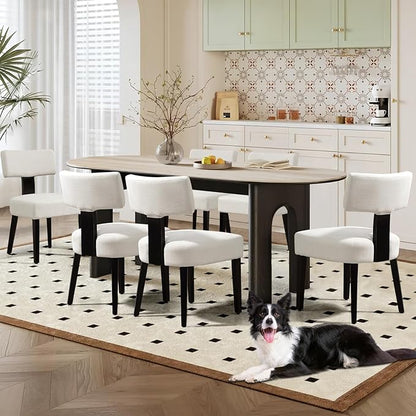 Dining Chairs Set of 6, Fabric Upholstered Wood Kitchen Chairs, Armless Linen Curved Backrest Chair Farmhouse Modern Dining Chairs with Foot Pad for Kitchen/Living Room/Restaurant/Cafe-Beige