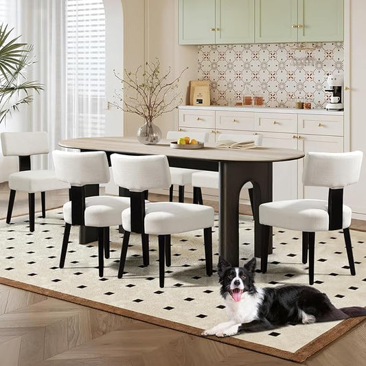 Dining Chairs Set of 6, Fabric Upholstered Wood Kitchen Chairs, Armless Linen Curved Backrest Chair Farmhouse Modern Dining Chairs with Foot Pad for Kitchen/Living Room/Restaurant/Cafe-Beige