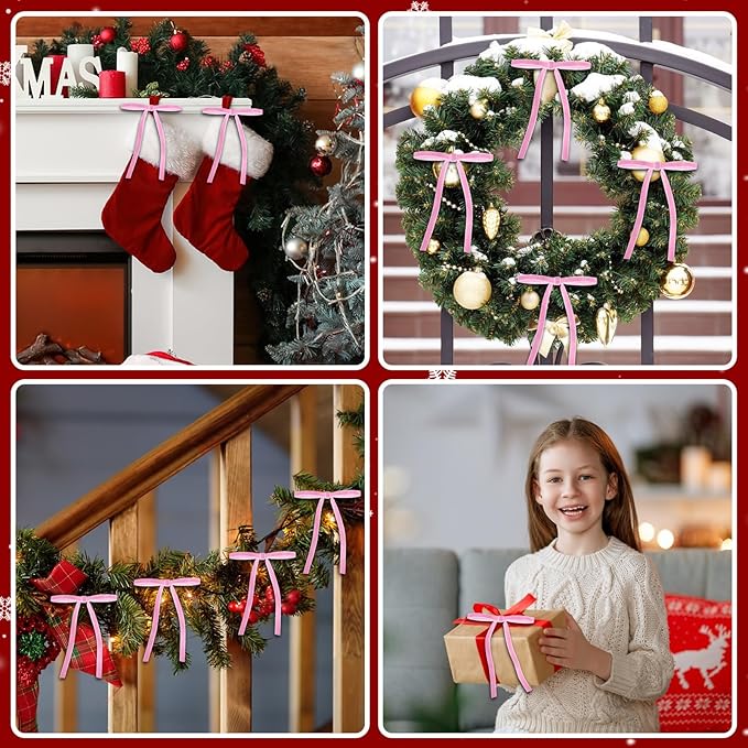 24 Pcs Pink Velvet Bows for Christmas Tree, Elegant Christmas Tree Bows, 5x7 Inch Pre-Tied Ribbon Bows for Wreaths, Gifts, and Holiday Décor, Velvet Bow Ornaments for Xmas Trees