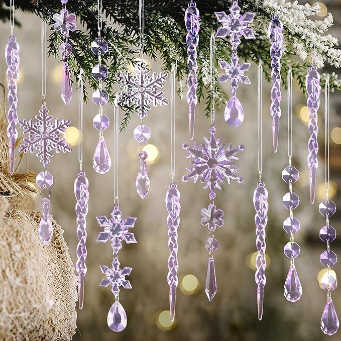 32pcs Crystal Christmas Ornaments for Christmas Tree Decorations-Purple Hanging Acrylic Snowflake and Icicle Ornaments with Drop Pendants for Xmas Winter Wonderland New Year Party Decorations Supplies