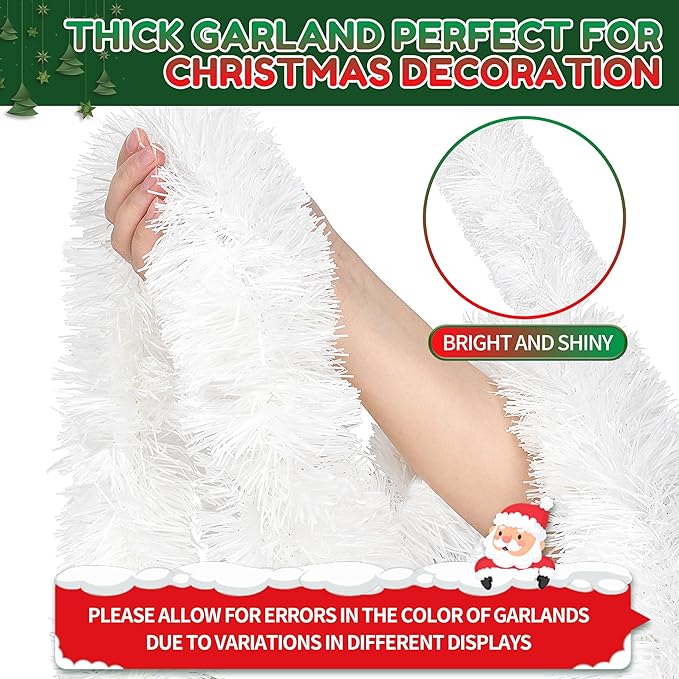 50 Ft Christmas Tinsel Garland White Thick Tinsel Garland Xmas Tree Decorations Metallic Tinsel Twist Garland for Christmas, Birthday, Party Decor Indoor Outdoor Party Supplies