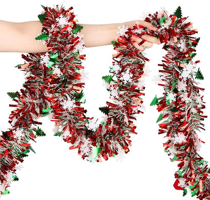LOAVER 33 FT Christmas Tinsel Garland with Snowflake Christmas Tree,Green Red Metallic Tinsel Twist Garland Shiny Hanging Decoration for Xmas Tree Party Supplies Stair Railing Indoor Outdoor Decor