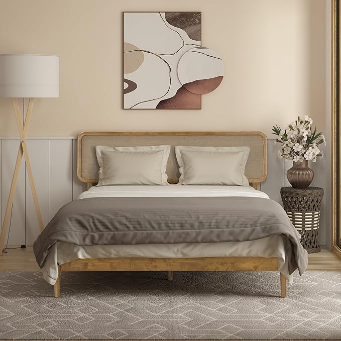 NTC Lupin Wooden Bed Frame with Headboard, Solid Oak and Rubber Wood Foundation with Silent Slats and Wood Central Supports, 1000 Lb Capacity, Queen - Teak Look