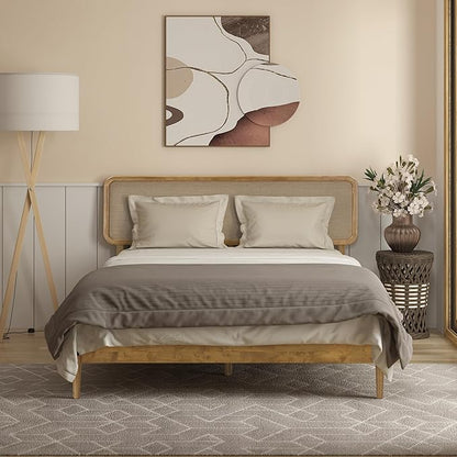 NTC Lupin Wooden Bed Frame with Headboard, Solid Oak and Rubber Wood Foundation with Silent Slats and Wood Central Supports, 1000 Lb Capacity, Queen - Teak Look