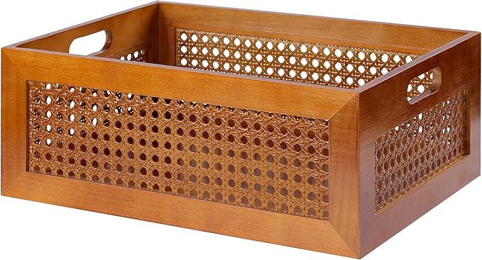 Wooden Storage Basket Large Handmade Rattan Drawer Storage Box with Frame & Handles Decorative Natural Bamboo Woven Bins Rustic Farmhouse Decor Home Office Tabletop Shelf Organizer 15" x 11" x 5.9"