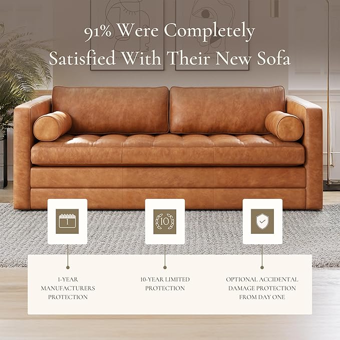 POLY & BARK Napa 82" Pull-Out Convertible Sleeper Sofa in Full-Grain Pure-Aniline Italian Leather, Cognac Tan