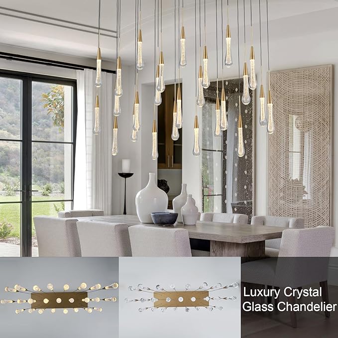 25-Lights Rectangle Gold Raindrop Chandelier with Glass, Luxury Farmhouse Large Linear Chandeliers for Dining Room Over Table, Brass Pendant Ceiling Light Fixture for Kitchen Island