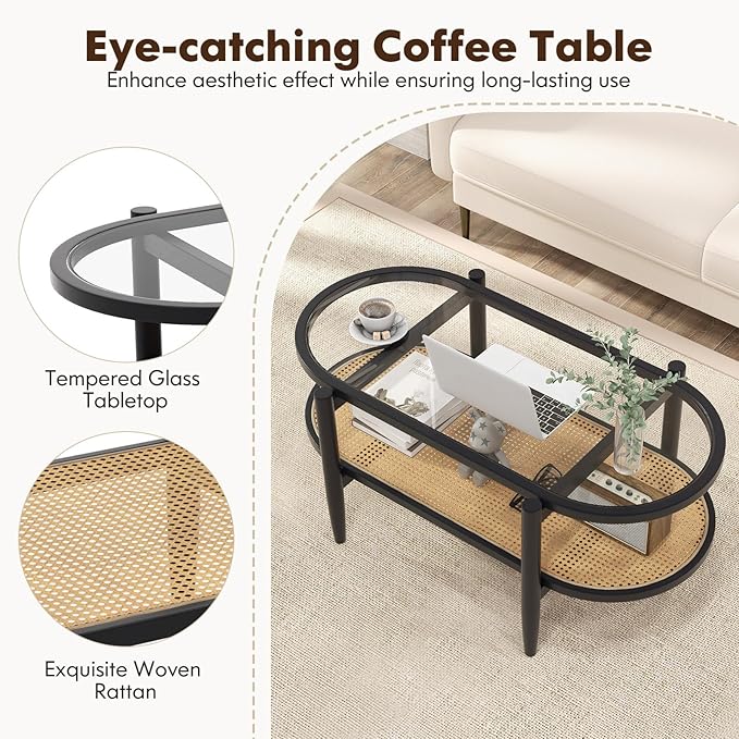 Moccha Boho Coffee Table, 2-Tier Center Table with Tempered Glass Tabletop & PE Rattan Storage Shelf, Mid Century Modern Tea Table, 40" L Oval Accent Table for Living Room, Office (Black)