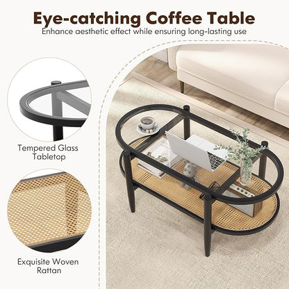 Moccha Boho Coffee Table, 2-Tier Center Table with Tempered Glass Tabletop & PE Rattan Storage Shelf, Mid Century Modern Tea Table, 40" L Oval Accent Table for Living Room, Office (Black)