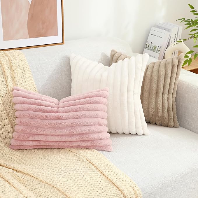 decorUhome Faux Fur Throw Pillow Covers 16x16 Set of 2, Decorative Soft Plush Striped Neutral Euro Pillow Covers with Velvet Back for Bed, Living Room Home Decor, Pink