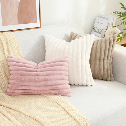decorUhome Faux Fur Throw Pillow Covers 16x16 Set of 2, Decorative Soft Plush Striped Neutral Euro Pillow Covers with Velvet Back for Bed, Living Room Home Decor, Pink