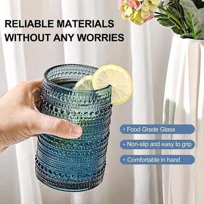 15oz Colored Hobnail Drinking Glasses Set of 6,Vintage Kitchen Glassware,Embossed Beaded Glass Cups,Water Tumbler for Cocktail,Juice and Various Mixed Drinks