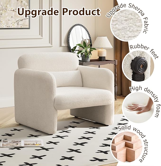 33.86" Accent Chairs, Modern Upgrade Sherpa Fabric Arm Chair Comfy Upholstered Armchair Leisure Single Sofa Chair with a Waist Pillow for Bedroom, Office and Living Room