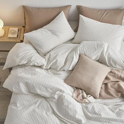 MooMee Striped Duvet Cover Set 100% Washed Cotton Linen Like Textured Breathable Durable Soft Comfy (White Sage Green Wide Stripes, Queen 90"x90")