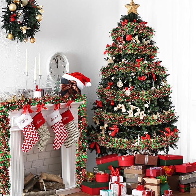 50FT Christmas Tinsel Garland - Metallic Twist Garland for Christmas Tree Decorations, Xmas Tree Decor for Home Indoor Outdoor Holiday Party Supplies (Green and Red)