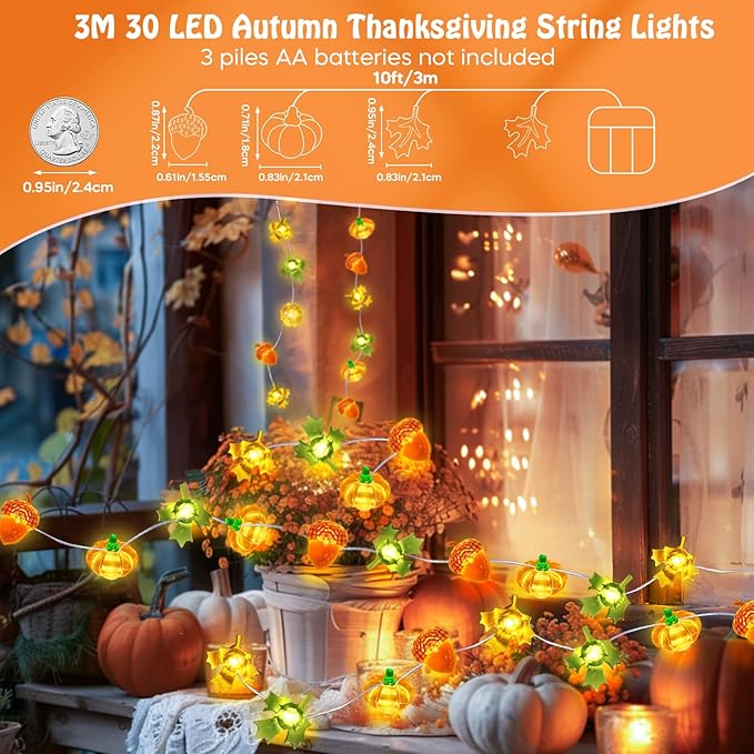 Coquimbo Fall Decorations Thanksgiving for Home, 10FT 30 LED Pumpkin Maple Leaf Lights Battery Operated Fairy String Lights Autumn Harvest Table Indoor Outdoor Decor Halloween Party Decorations Gifts