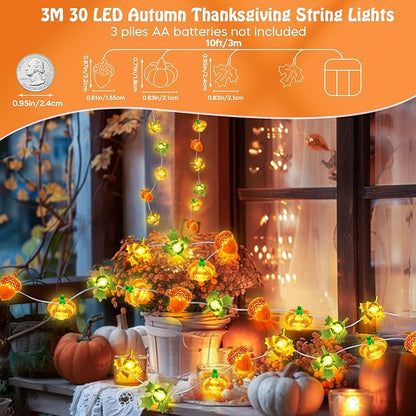 Coquimbo Fall Decorations Thanksgiving for Home, 10FT 30 LED Pumpkin Maple Leaf Lights Battery Operated Fairy String Lights Autumn Harvest Table Indoor Outdoor Decor Halloween Party Decorations Gifts