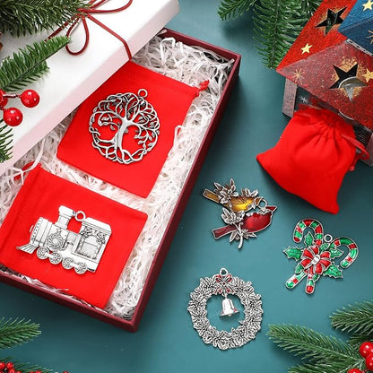 Zhengmy 8 Pieces Christmas Ornaments 2025 Solid Pewter Christmas Tree Ornament Metal Gnomes Santa Angel Snowman Hanging Craft Xmas Gifts with Red Bags(Lovely)