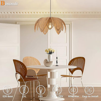 Hand Woven Rattan Chandelier, Boho Pendant Light 19.68 inches Wicker Light Fixture Suitable for Dining Room, Kitchen, Living Room, Farmhouse,E26 Lamp Base