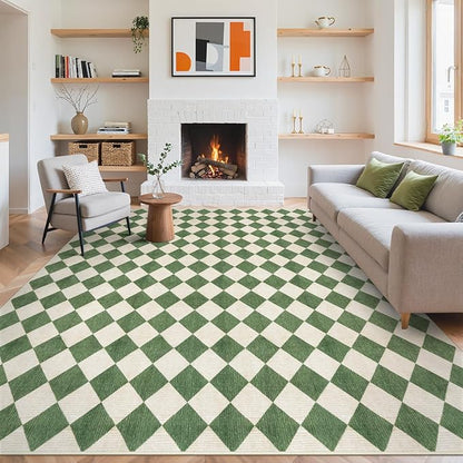 LIVEBOX Washable 8x10 Diamond Rugs for Living Room, Non-Slip Checkered Rug Soft Modern Neutral Geometric Plaid Area Rug for Bedroom, Large Farmhouse Carpet for Office Kids Room Classroom Dorm, Green