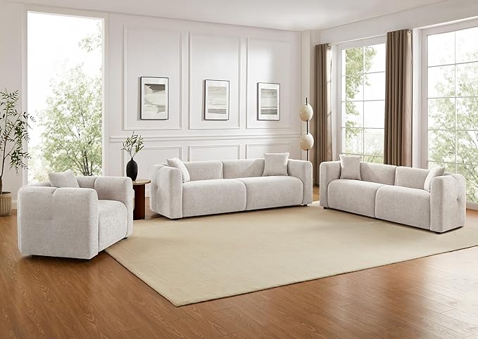 VANOMi Modular Sectional Sofa Set Oversized Cloud Couch with 95" Sofa & 42" Arm  chairs Living Room Furniture Set Boucle Upholstered Oversized Couch with Pillows Light Khaki 2 Sofas+1 Chair