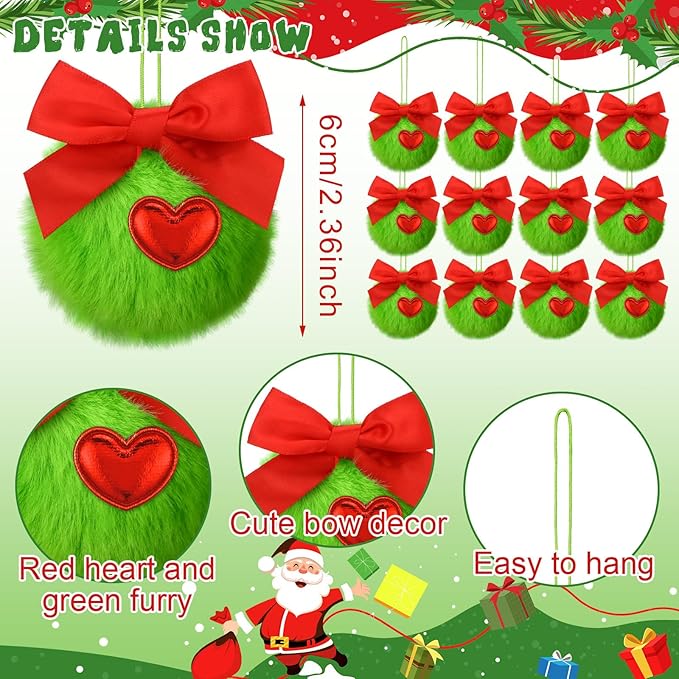 Gejoy 12 Pcs Lime Green Furry Christmas Ball Ornaments with Red Bow for Tree Green Christmas Hanging Decorations Soft Faux Fur Pom Pom Ball Ornaments for Home Party Supply Fireplace Mantel Wall Decor