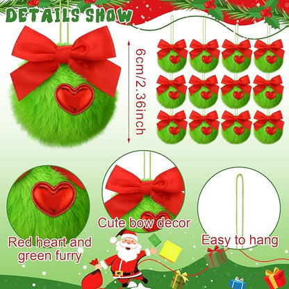 Gejoy 12 Pcs Lime Green Furry Christmas Ball Ornaments with Red Bow for Tree Green Christmas Hanging Decorations Soft Faux Fur Pom Pom Ball Ornaments for Home Party Supply Fireplace Mantel Wall Decor