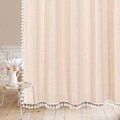 MitoVilla Beige Boho Farmhouse Shower Curtain, Cream Modern Cotton Linen Fabric Shower Curtains for French Country Bathroom Decor, Retro Tassel Thick Cloth Shower Curtain, 72 x 72