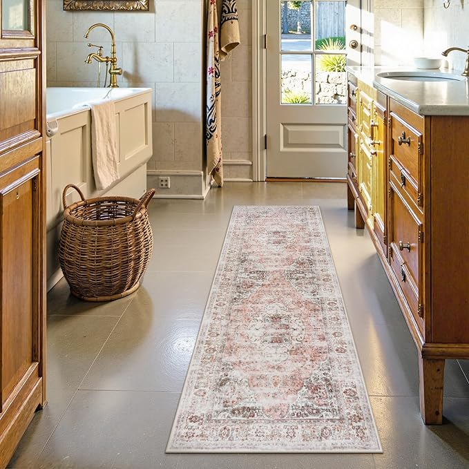 Uphome Bathroom Rugs Runner, Distressed Farmhouse Boho Blush Pink Bath Mat, Non Slip Washable Long Bath Rugs, Vintage Traditonal Soft Velvet Bathroom Runner for Bathtub Sink Shower, 20x60 inch