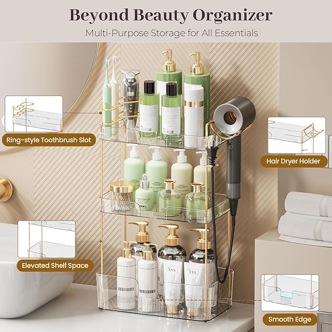 Bathroom Counter Organizer Countertop, 3 Tier Makeup Perfume Storage with Hair Dryer Rack and Toothbrush Holder, Cosmetic Tray for Vanity - Clear