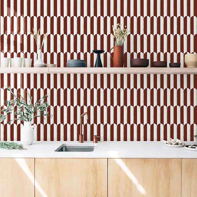 Vamos Tile Peel and Stick Backsplash Seamless Tile for Kitchen,White and Red PVC Mixed Light Gold Self Adhesive Fish Scale Metal Mosaic Tiles (10 Sheets)