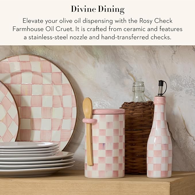 MACKENZIE-CHILDS Ceramic Farmhouse Oil Cruet, Ceramic Oil-Dispenser Bottle, Pink-and-White Rosy Check