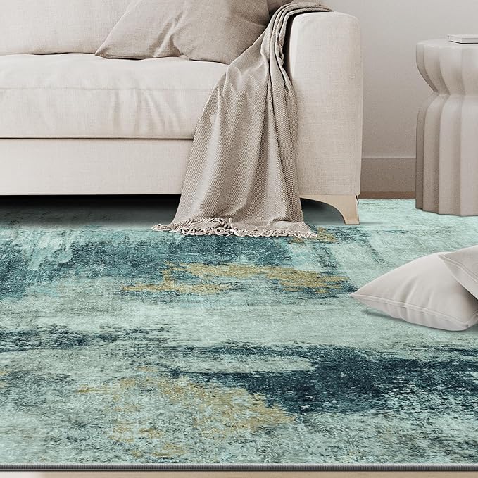 6x9 Area Rugs for Living Room Rug Washable: Abstract Rug for Dining Room Bedroom Carpet Non Slip 6 by 9 Indoor Modern Nursery Home Office Teal Grey Gold