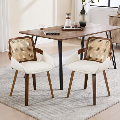 Dining Chairs Set of 2, Mid Century Modern Dining Room Chairs with Arms and Rattan Back PU Leather Upholstered Bentwood Kitchen Chairs for Home Restaurant Office - Beige