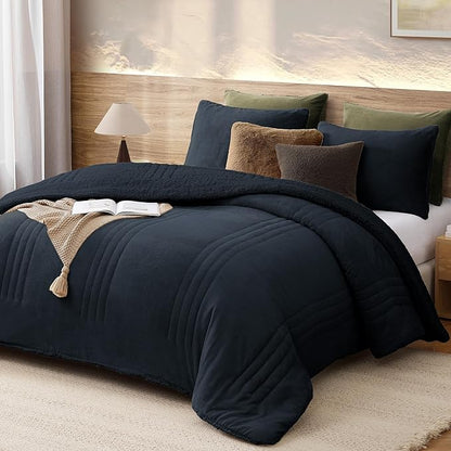 Monbix Fluffy King Size Comforter Set Navy Blue, Sherpa Plush Fuzzy Comforter 3 Piece for King Size Bed, Luxury Soft Winter Warm Bedding Set