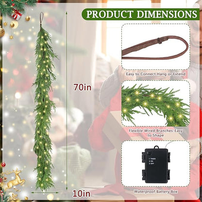 2Pcs 6FT Christmas Norfolk Pine Garland with Light, Lighted Real Touch Norfolk Pine Garland, Artificial Greenery Garlands for Indoor Outdoor Fireplace Wall Stairs Table Xmas Decor