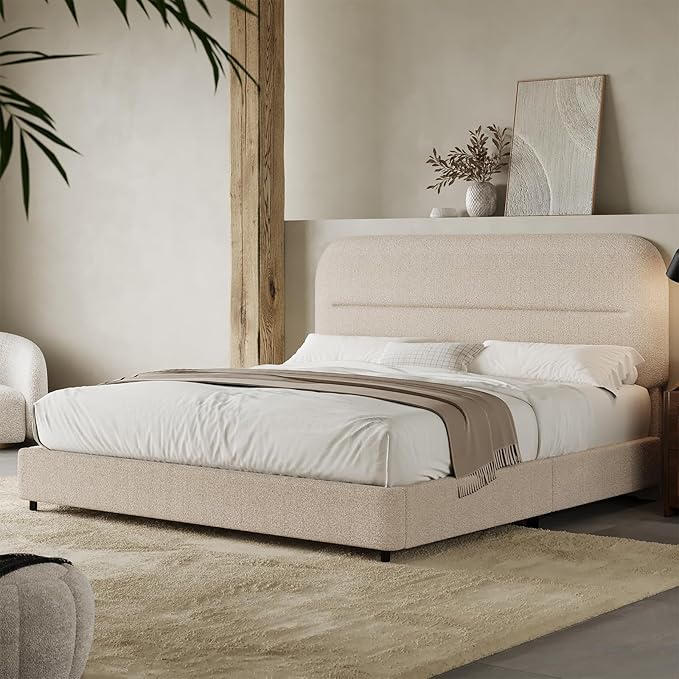 Full Size Boucle Bed Frame, Upholstered Cloud Bed with Headboard Soft,Modern Style/Thickened Footboard/Rounded Corners Design/No Box Spring Required/Easy Assembly, Beige
