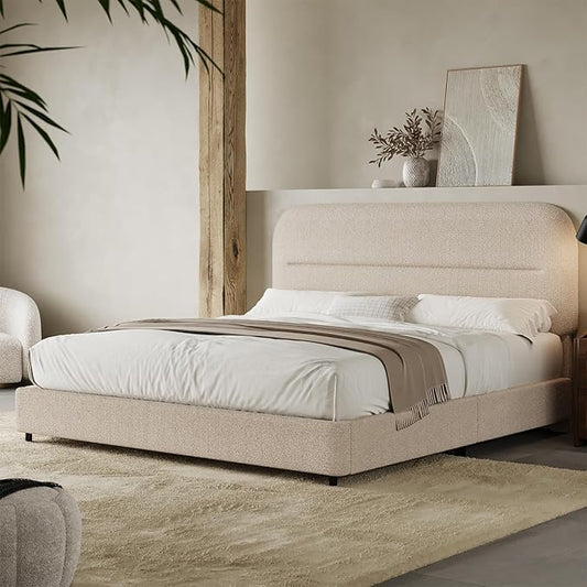 Full Size Boucle Bed Frame, Upholstered Cloud Bed with Headboard Soft,Modern Style/Thickened Footboard/Rounded Corners Design/No Box Spring Required/Easy Assembly, Beige