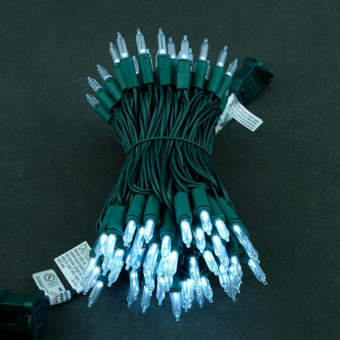 YULETIME Cool White LED Christmas Lights with Green Wire, 33 ft 100 Count UL Certified Commercial Grade Holiday String Light Set (Cool White - Green Wire)