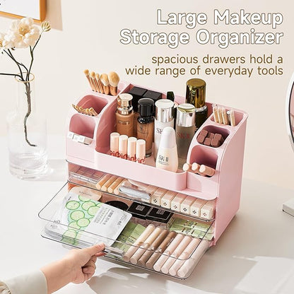 Makeup Organizer for Vanity with 2 Large Drawers, Cosmetic Display Case with Brush Holders, Easy to Storage for Bathroom Countertop Skincare, Desk Office Supplies, Pink