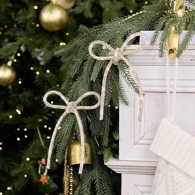 FLAIR GIFTS 6 Pcs 4.3" x 6" 2025 Christmas Bows for Tree Decor, Champagne Gold and Silver Sparkly Glitter Rhinestone Bow Ornaments with Twist Tie for Xmas Decoration, Wreath, Garland, Gift Wrapping