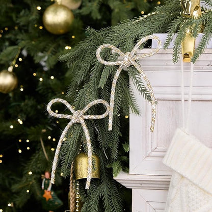 FLAIR GIFTS 6 Pcs 4.3" x 6" 2025 Christmas Bows for Tree Decor, Champagne Gold and Silver Sparkly Glitter Rhinestone Bow Ornaments with Twist Tie for Xmas Decoration, Wreath, Garland, Gift Wrapping