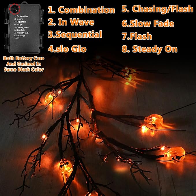 [ 8 Modes & Timer 6 Ft 54 LED Halloween Willow Vine Twig Decor Garland with 18 Pumpkins Orange Lights Waterproof Battery Operated Halloween Decorations for Home Wall Mantle Fireplace Decor